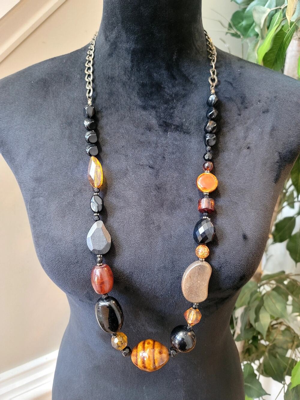 Artisan Mixed Bead Statement Necklace Black Amber Brown Gold Tone Boho Chic